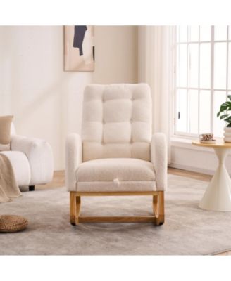 Plush Accent Rocking Chair with Footrest, Cream White High-Back Rocker, Rubber Wood Lounge Chair for Nursery & Living Room