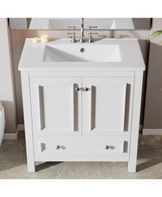 30" Modern Bathroom Vanity with Sink, Bathroom Sink Cabinet with 2 Doors and 1 Drawer, Solid Wooden Frame, White