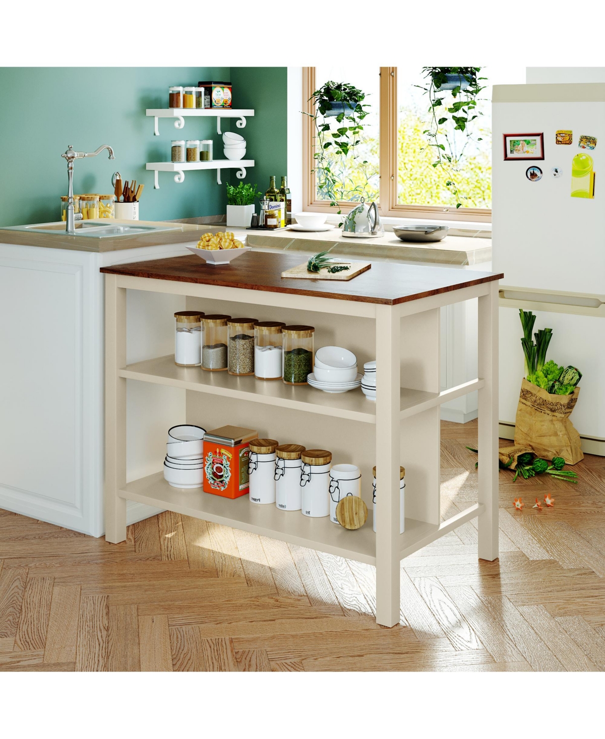 Casainc 45" Solid Wood Kitchen Island with Butcher Block and Open Shelves for Small Spaces