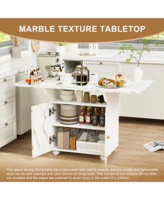 CASAINC 47" MDF, Marble Finish Folding Design, Storage Rack, Cabinet, Lockable Wheels Dining Table