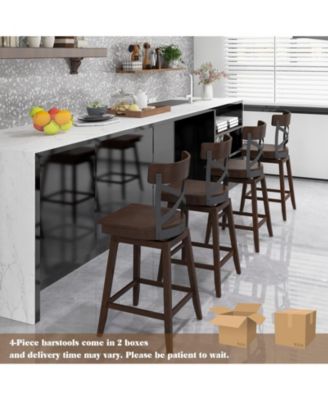 Set of 2 Wooden Swivel Bar Stools with Open X Back and Footrest