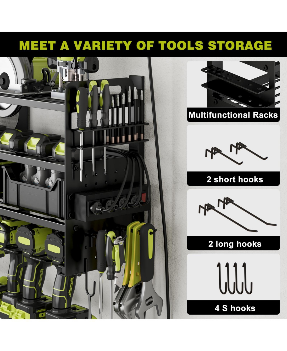 Hausource 4-Tier Power Tool Organizer with Pegboard, 12-Slot Drill Rack & Power Strip,Black