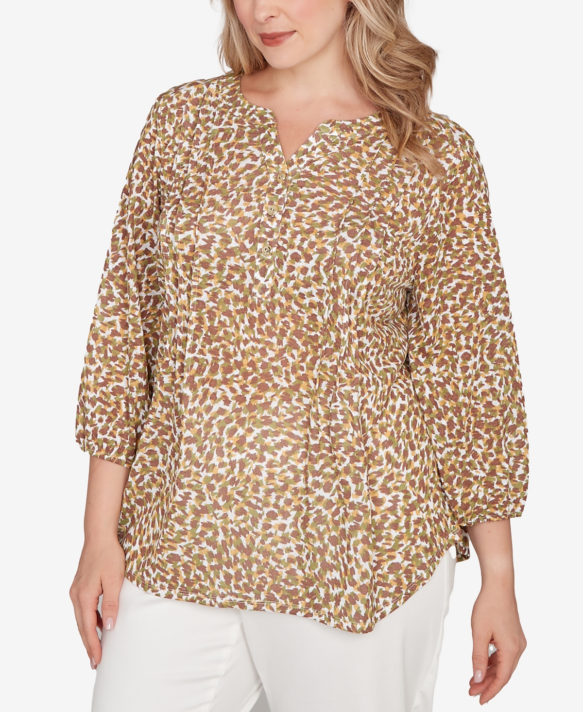 Hearts Of Palm Plus Size Printed 3/4 Sleeve Peasant Top In Multi
