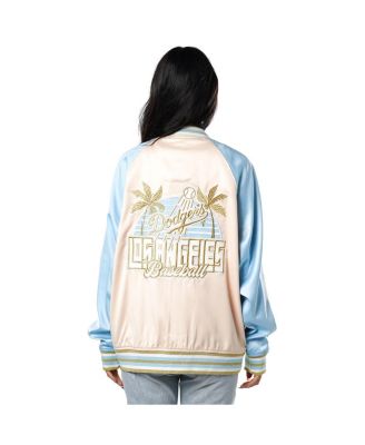 Women's Cream Los Angeles Dodgers Oversized Satin Raglan Full-Snap Bomber Jacket
