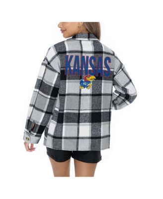 Women's Grey Kansas Jayhawks Long Sleeve Brushed Plaid Button-Up Overshirt Jacket