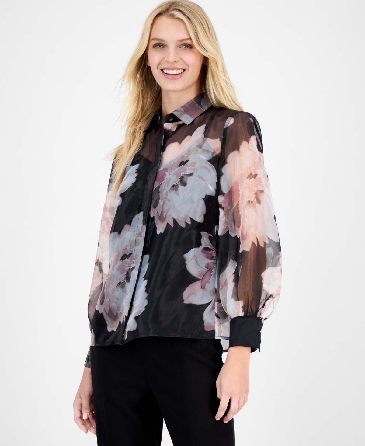 Anne Klein Women's Printed-Organza Button-Front Blouse, Macy's Exclusive