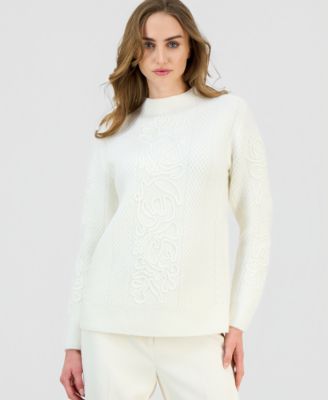 Anne Klein - Petite Embroidered-Tape Mock-Neck Sweater