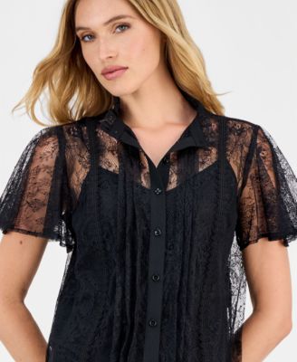 Women's Flutter-Sleeve Button-Front Lace Blouse