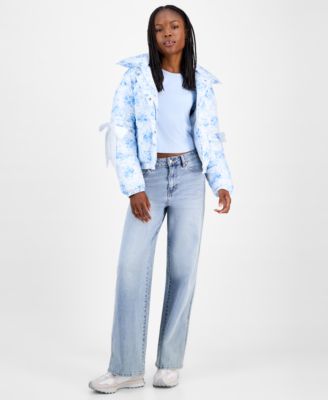 Juniors' Printed Bow-Trim Puffer Jacket
