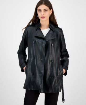 Petite Double-Breasted Faux-Leather Belted Trench Coat