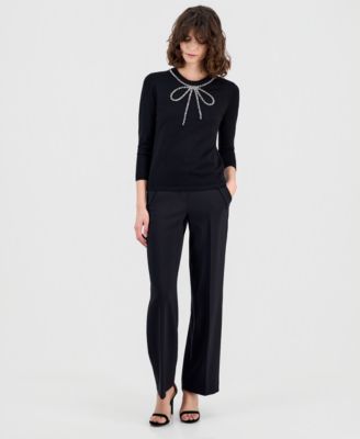Petite 3/4-Sleeve Bow-Embellished Sweater