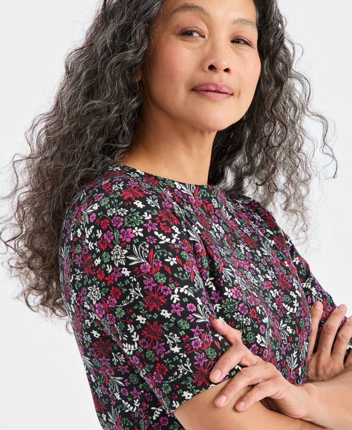 Style & Co Petite Floral Printed Boat Neck Top, Macy's Exclusive In Black