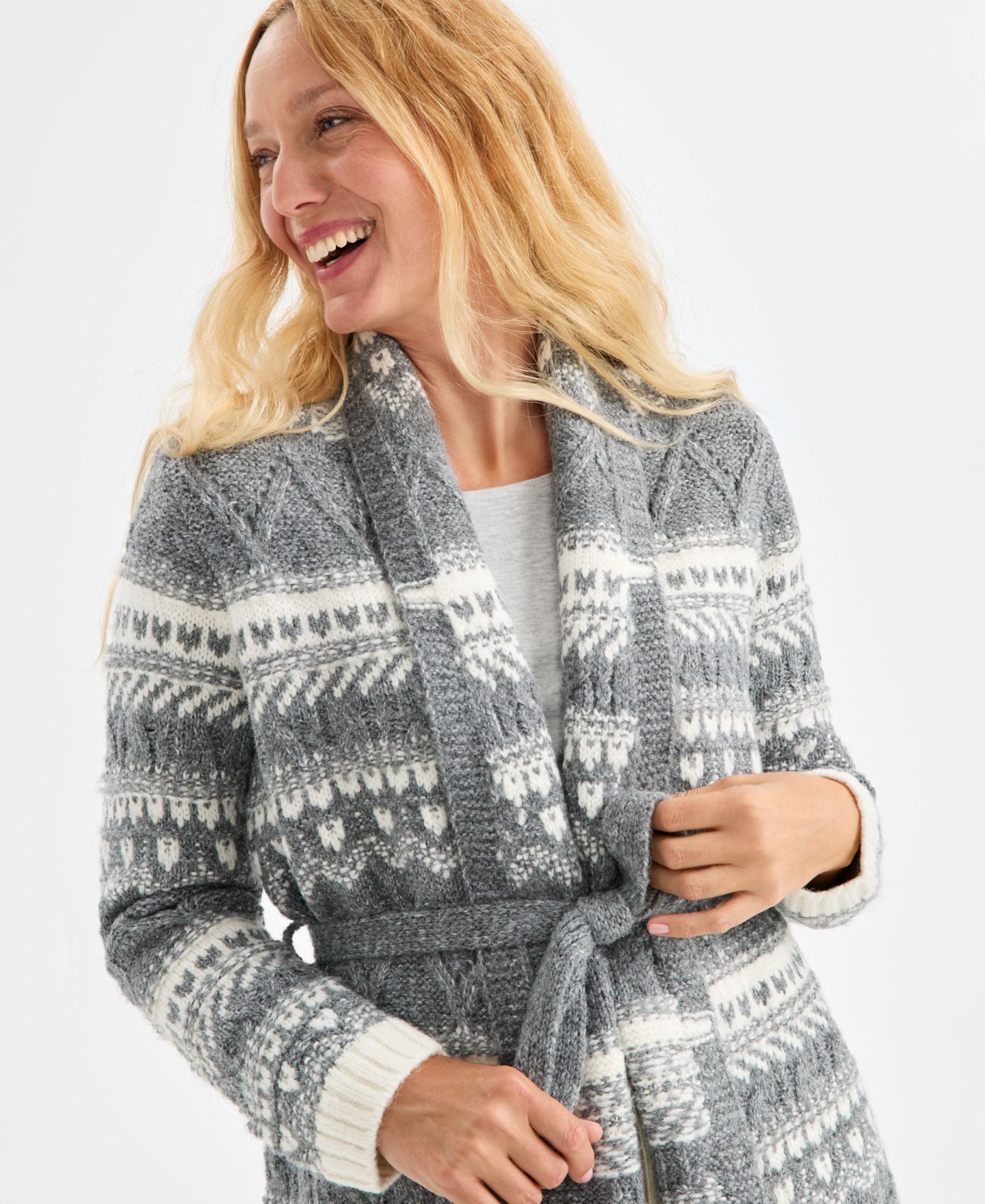Женский кардиган Style & Co Fair Isle Belted, цвет: Меланжевый серый — фото 3