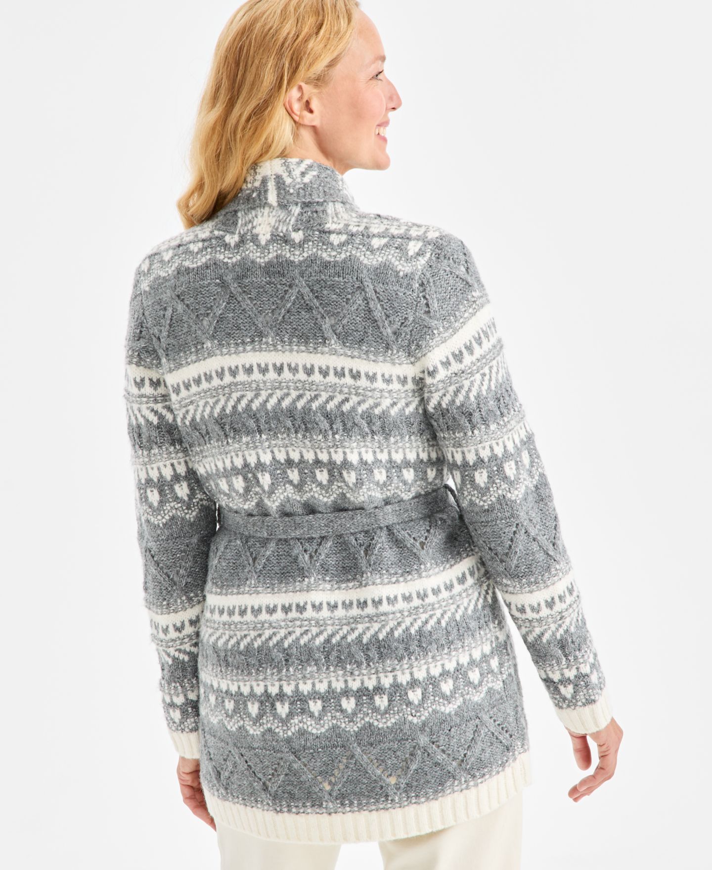 Женский кардиган Style & Co Fair Isle Belted, цвет: Меланжевый серый — фото 4