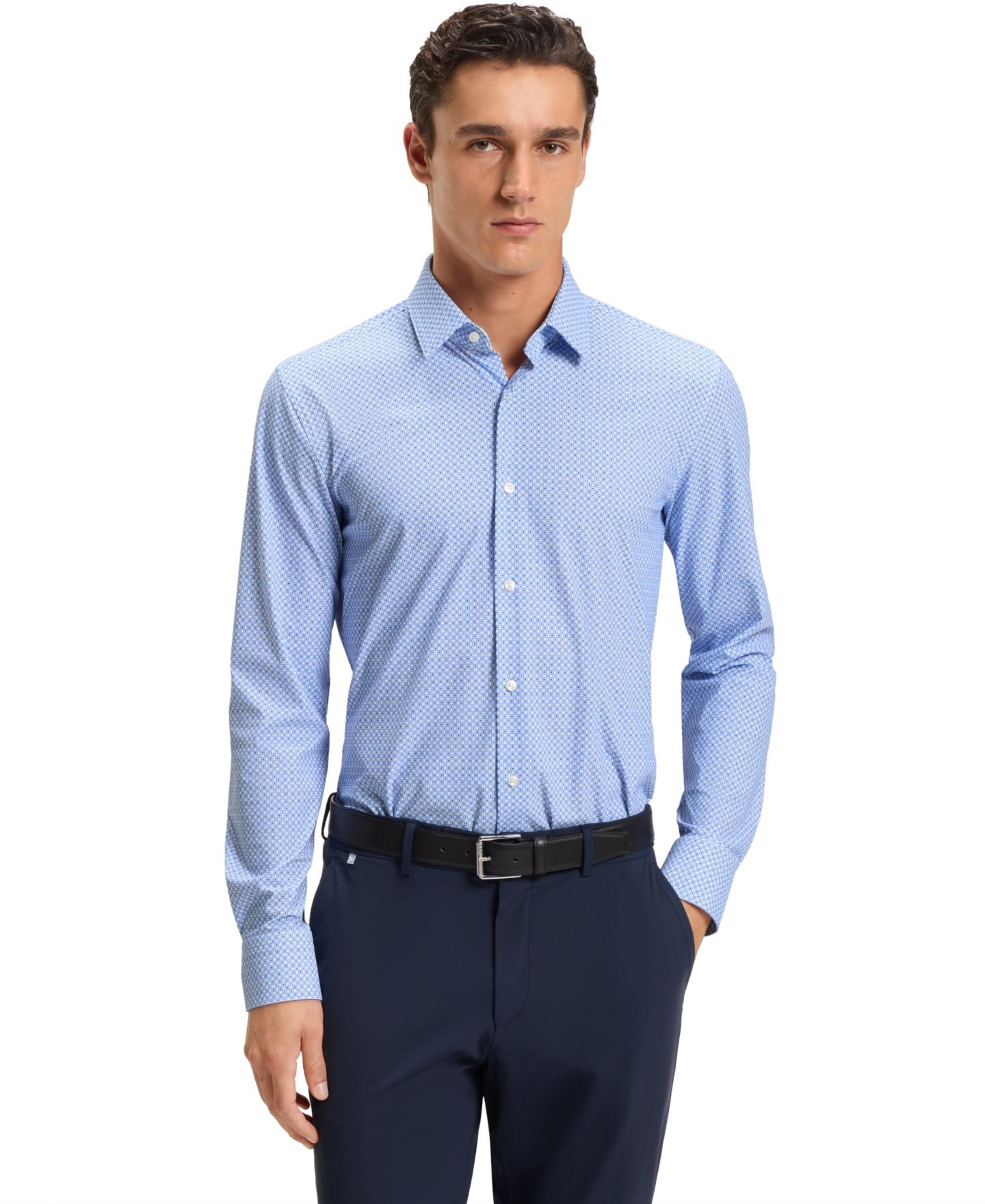 Мужская рубашка Hugo Boss Performance-Stretch Slim-Fit Dress Shirt, цвет: Синий — фото 1