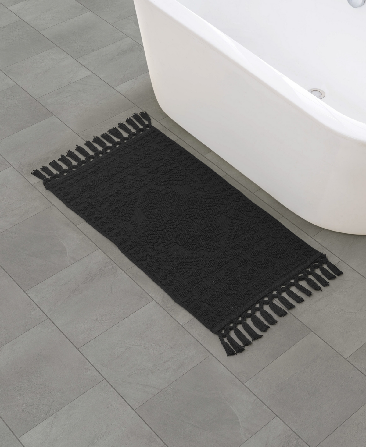 French Connection Nellore Fringe Cotton 20" X 38" Bath Rug In Black