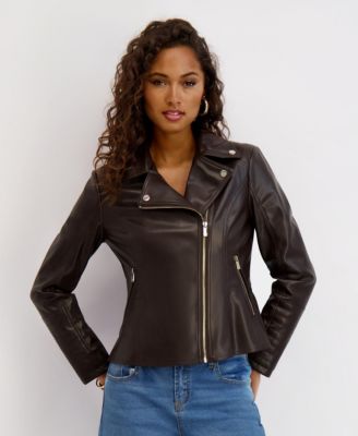 Women's Asymmetrical PU Peplum Moto Jacket with Quilting Details