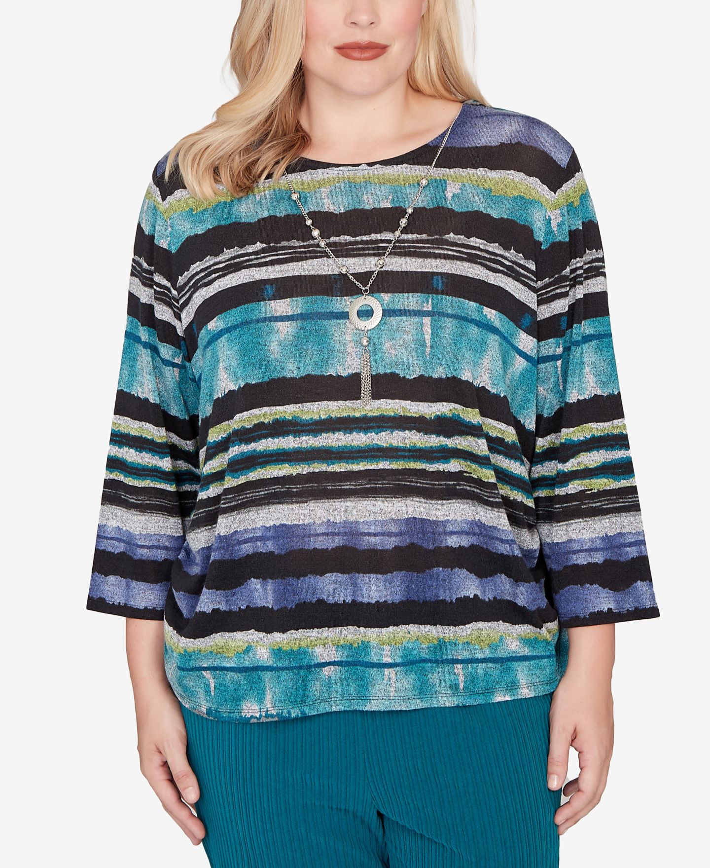 Женский топ Alfred Dunner Petite Lake Champlain Biadere Melange Stripe With Necklace, цвет: Чёрный разноцветный — фото 1