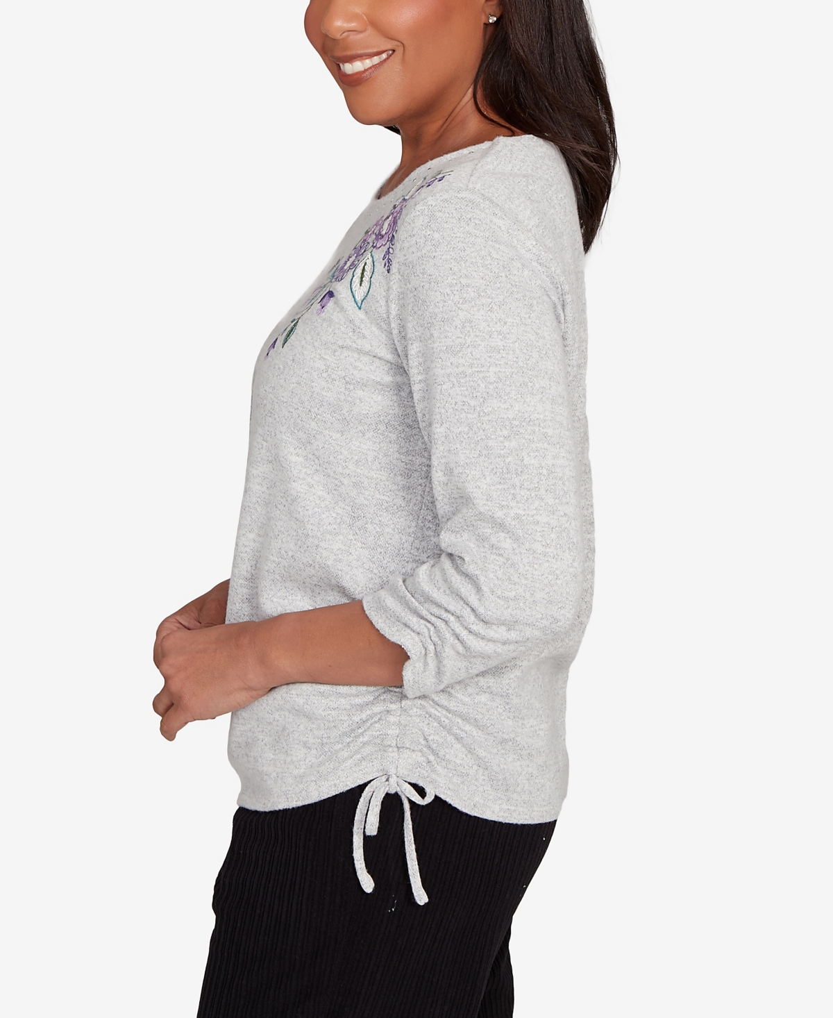 Alfred Dunner Petite Lake Champlain Embroidered Flowers With Side Tie Ruching Top In Gray