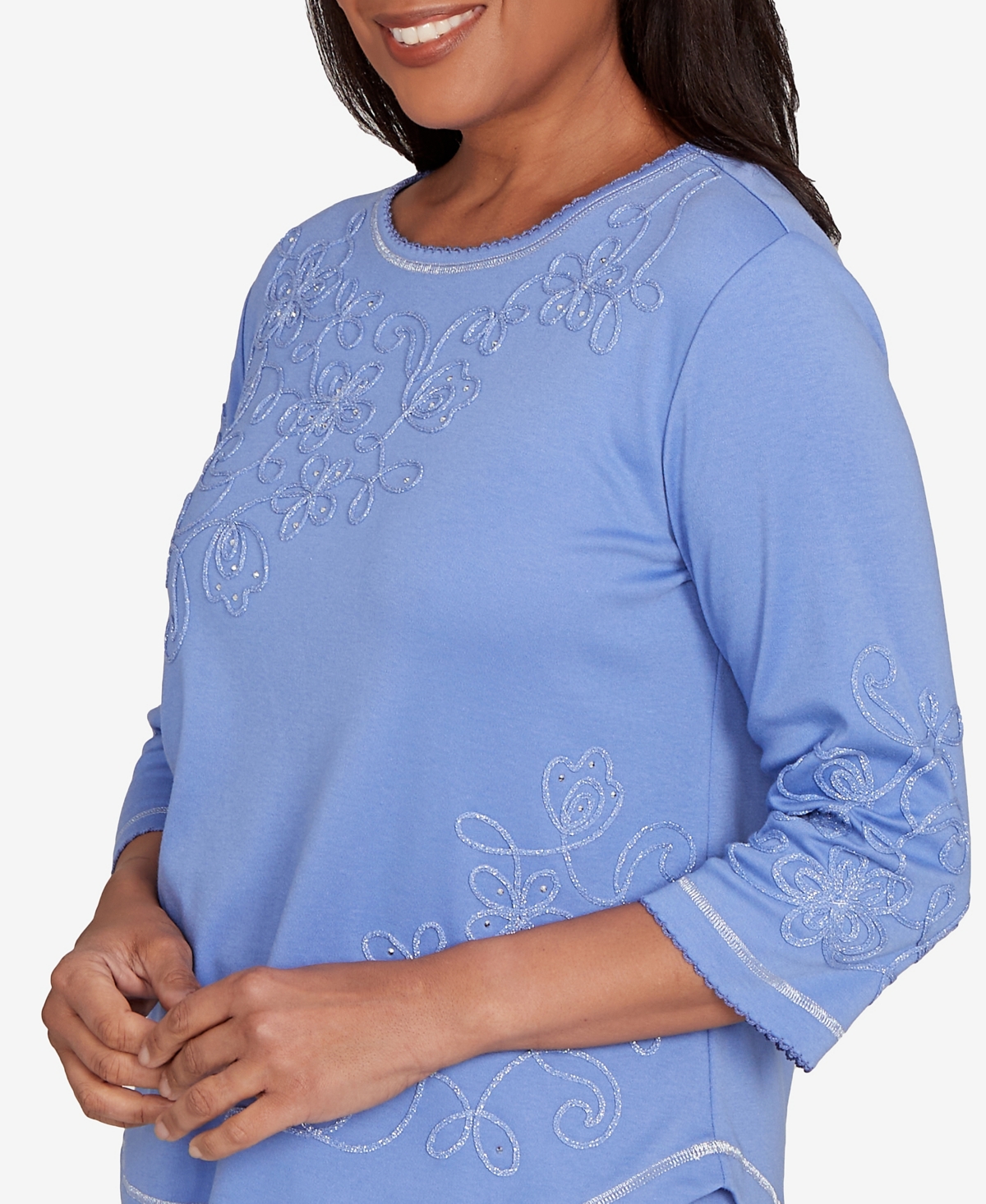 Alfred Dunner Petite Casual Vibe Asymmetrical Floral Embroidered Detail Top In Blue
