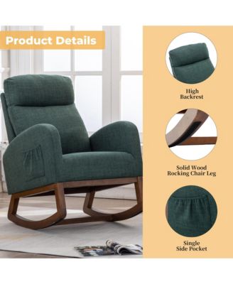 Rocking Chair, Modern Glider Recliner with Wood Legs, Side Pocket & High Back for Living Room or Bedroom