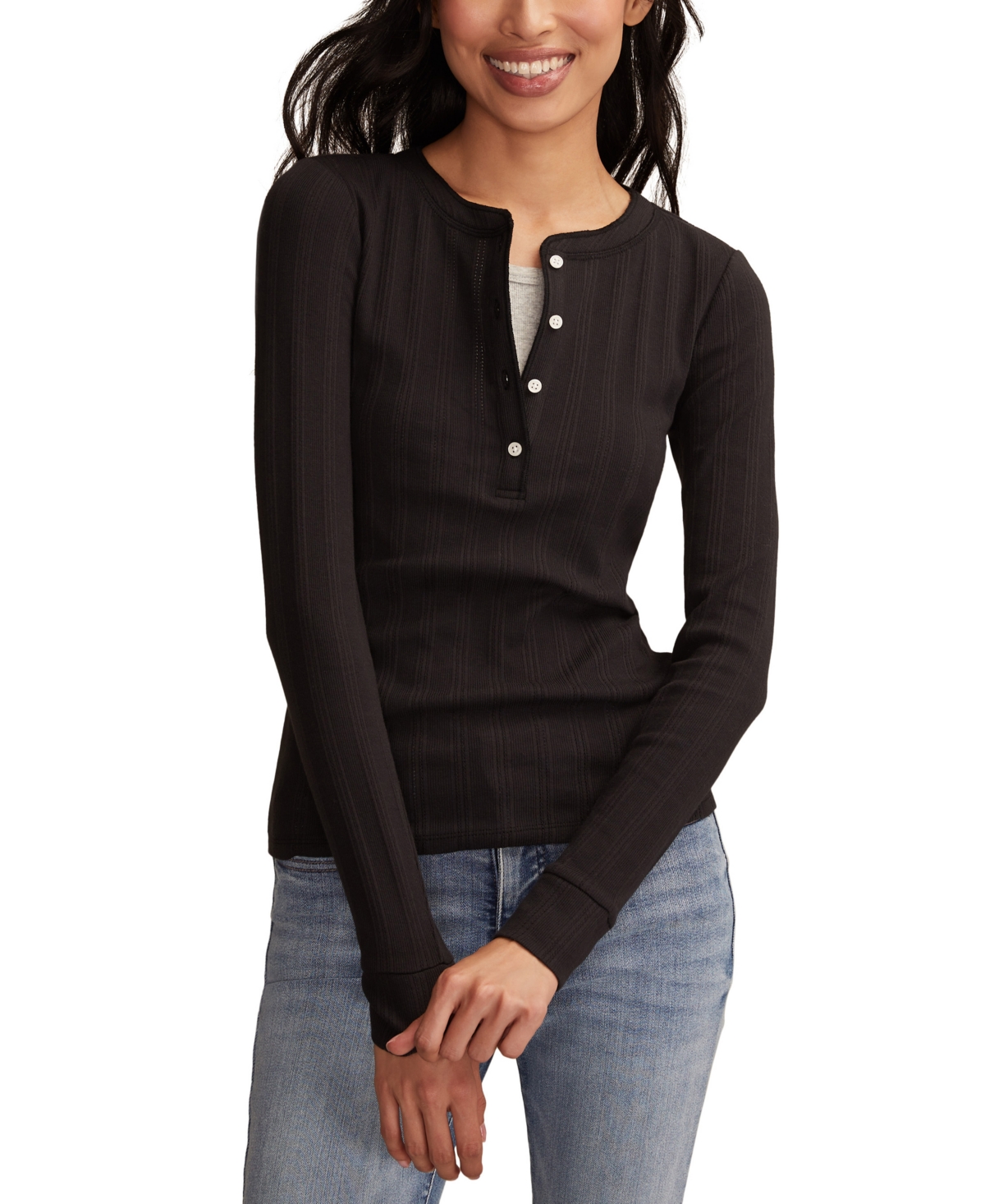 Lucky Brand Women's Long Sleeve Rib Henley Top In Black