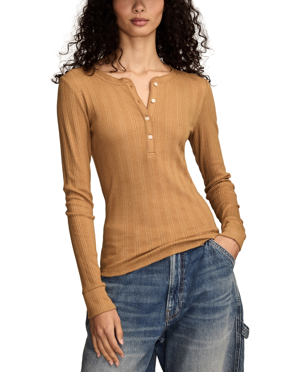 Lucky Brand Women's Long Sleeve Rib Henley Top In Brown