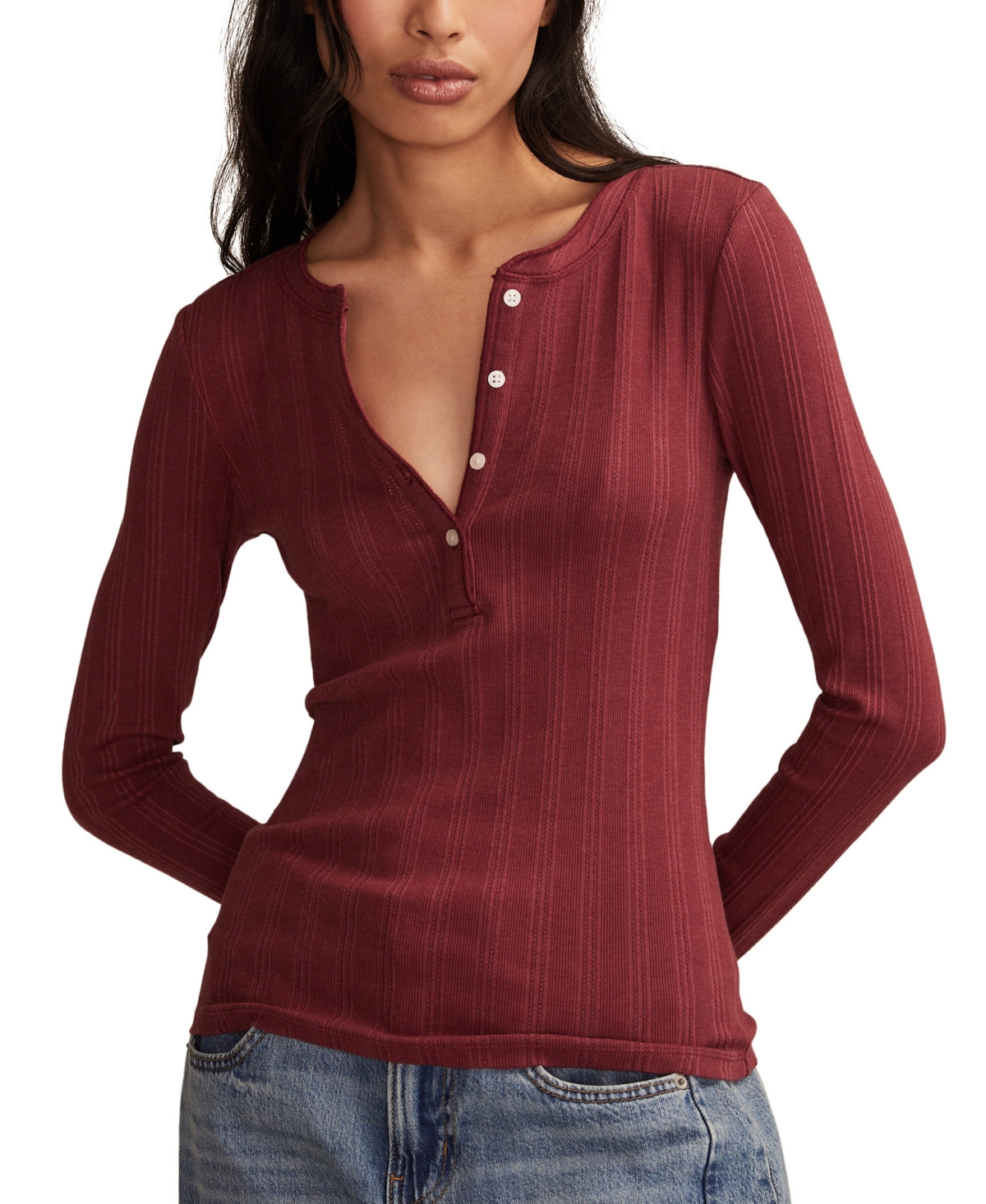 Lucky Brand Women's Long Sleeve Rib Henley Top In Brown