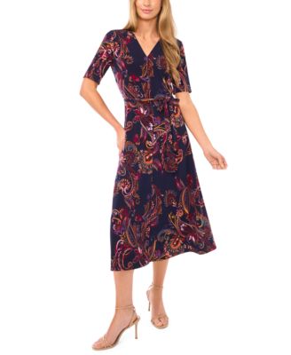 MSK - Women's V-Neck Tie Waist Midi Dress