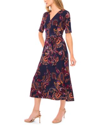 Women's V-Neck Tie Waist Midi Dress