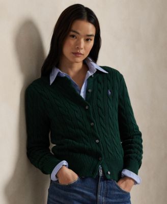 Women's Cable-Knit Cotton Crewneck Cardigan Sweater