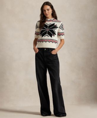 Women's Intarsia Knit Short Sleeve Sweater