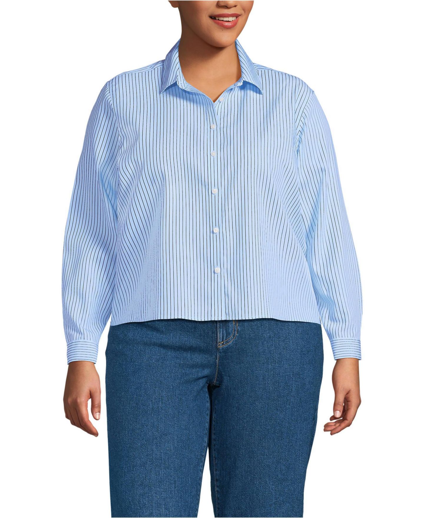 Женская рубашка Lands' End Plus Size No Iron Boxy Cropped, цвет: Прозрачный синий небесно-голубой полосатый — фото 1