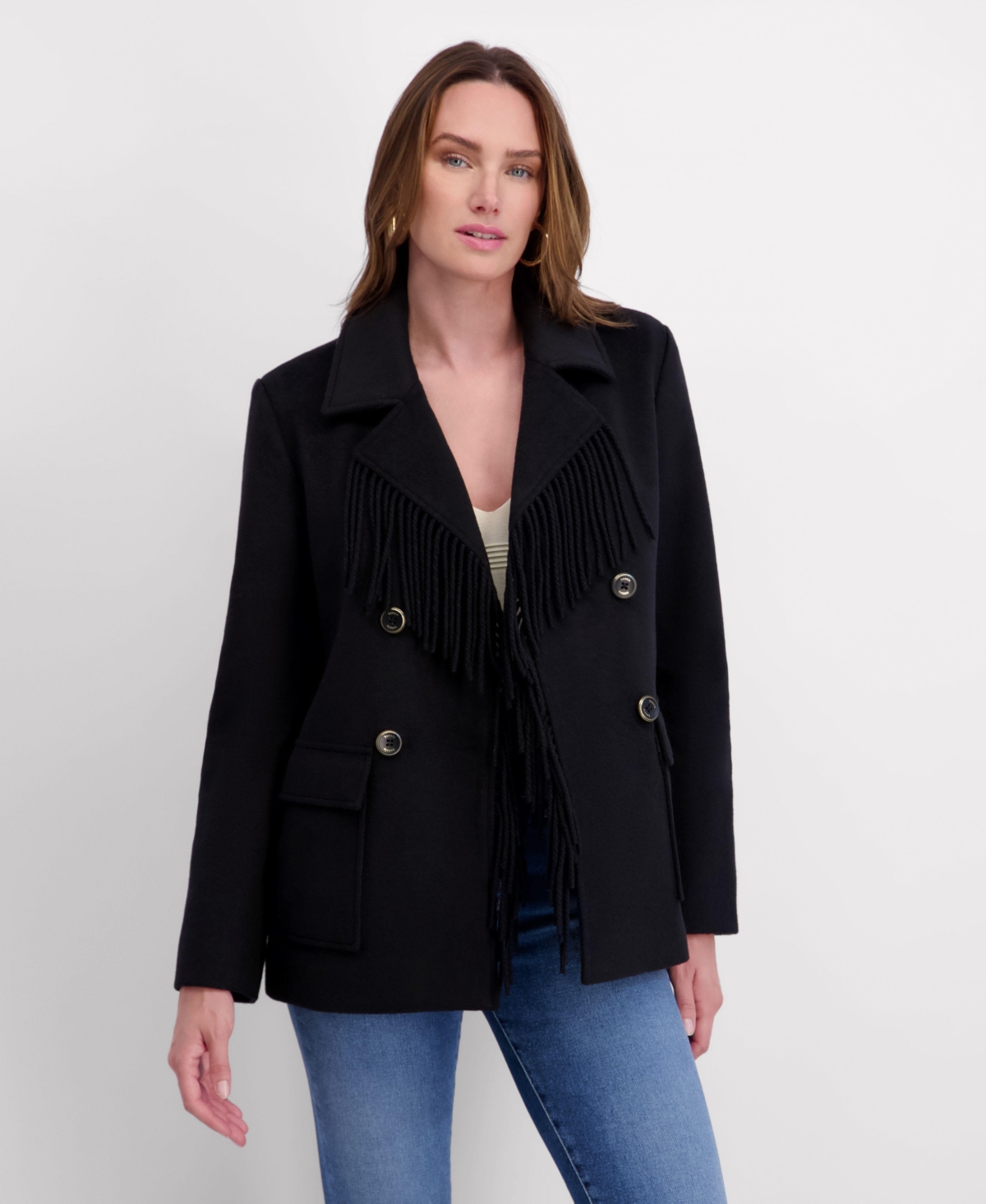 Kensie Double Breasted Patch Pocket Faux Wool Jacket with Fringe