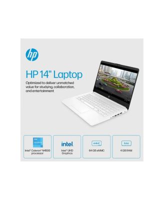 14-dq3220nr 14" HD Touchscreen Laptop, Intel Celeron N4500 1.1GHz, 4GB RAM, 64GB eMMC, Windows 11 Home S Mode, Snowflake White