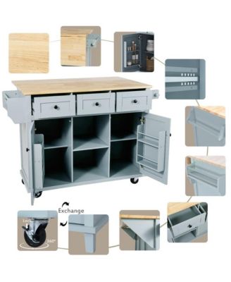Kitchen Island Cart with Drop Leaf, Rubber Wood Top, 3 Drawers & Internal Racks, Rolling Storage on Wheels