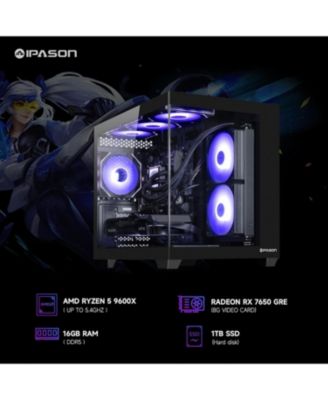 Prebuilt Gaming PC - Radeon RX 7650GRE 8G, Ryzen 5 9600X, 16GB DDR5, 1TB SSD, Win 11 - Ready for 1080p Ultra Gaming (Liquid Cooled)