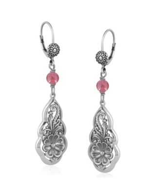 Sterling Silver Rhodonite Flower Gemstone Bead Lever Back Earrings