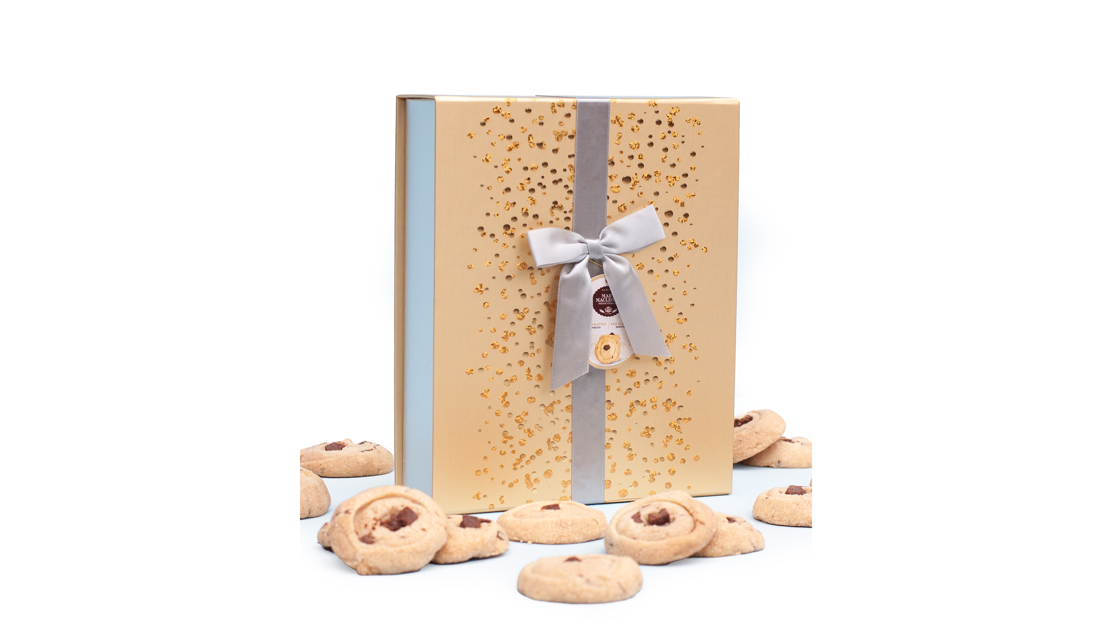 Mary Macleod's Shortbread Signature Gold Gift Box with Silver Ribbon Chocolate Crunch Shortbread, 18 Pieces