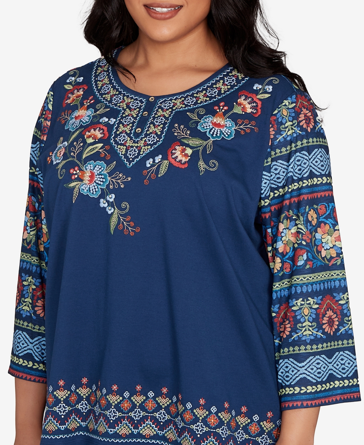 Alfred Dunner Plus Size Sunset Canyon Printed Sleeve Floral Embroidered Top In Blue