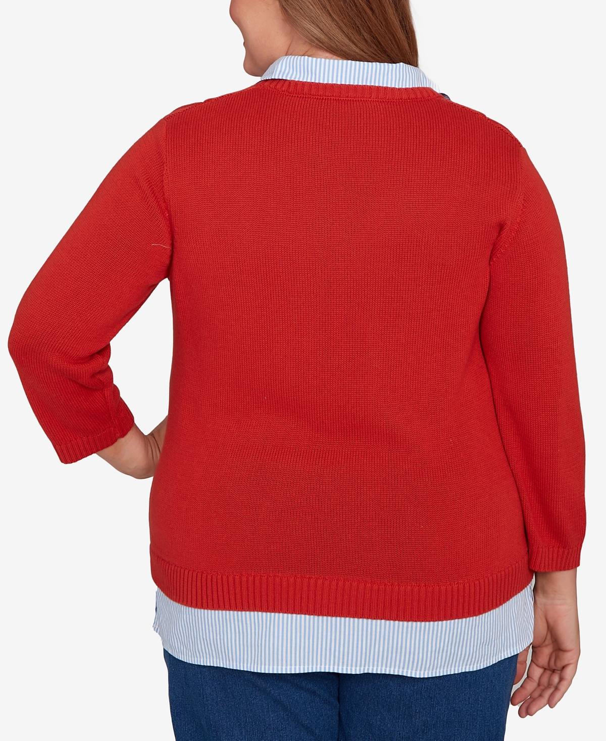 Alfred Dunner Plus Size Sunset Canyon Stitched Cable Stripe Woven Trim Sweater In Red