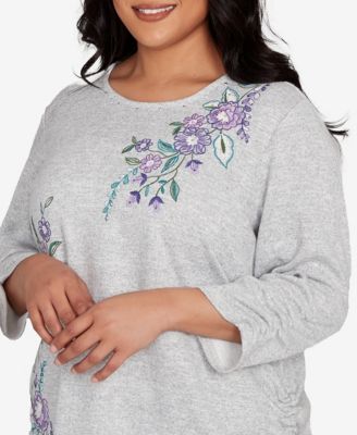 Plus Size Lake Champlain Embroidered Flowers Top with Side Tie Ruching