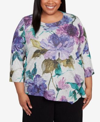 Plus Size Lake Champlain Asymmetrical Watercolor Flower Top