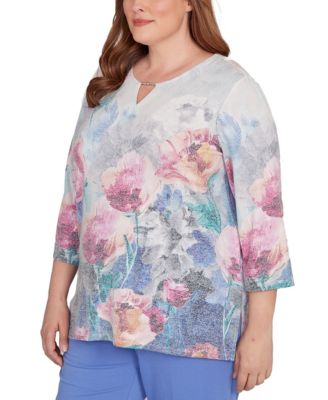Plus Size Casual Vibe Floral Brushstroke Beaded Split Neck Top