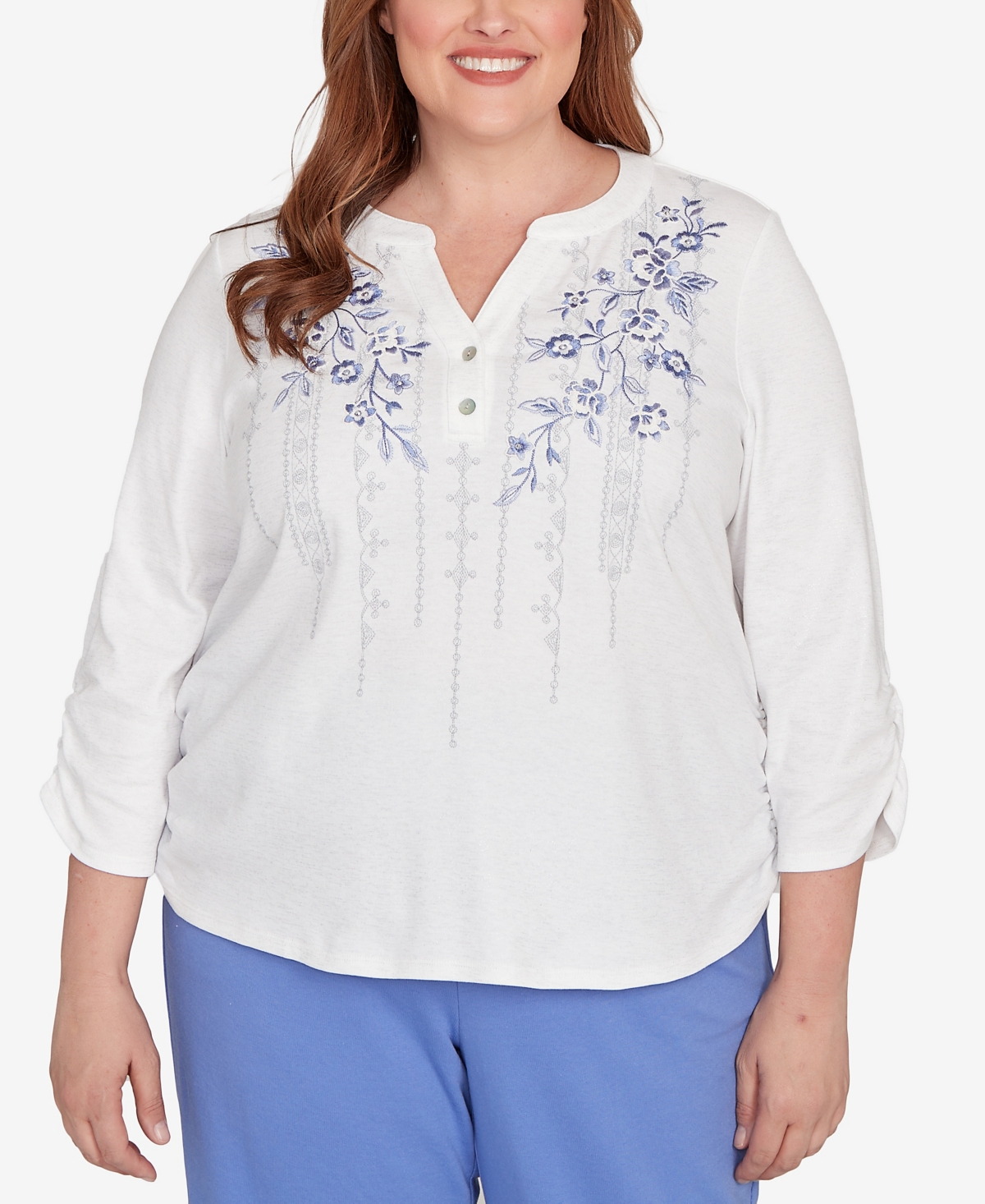 Alfred Dunner Plus Size Casual Vibe Geometric Floral Ruched Henley Top In White