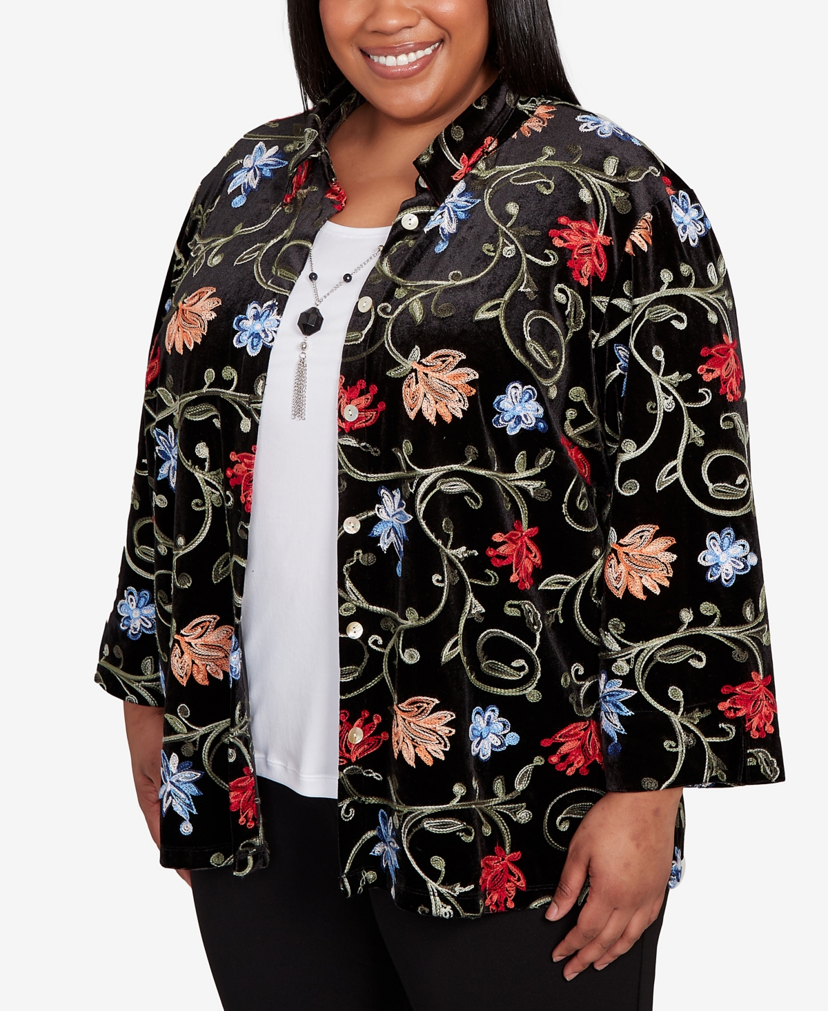 Alfred Dunner Plus Size Jet Setter Rich Velvet Floral Two In One Top With Necklace In Black
