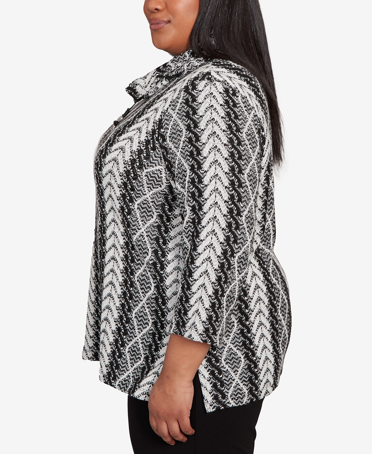 Alfred Dunner Plus Size Jet Setter Cable Jacquard Knit Top With Necklace In Gray