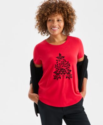 Petite Holiday Tree Printed Scoop Neck Top, Macy's Exclusive