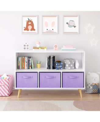 35 in. Wide White/Purple Kids Bookcase with Collapsible Fabric Drawers, Children's Book Display, Toy Storage Cabinet