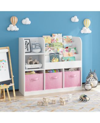 36 in. Wide White/Pink Multifunctional Kids Bookcase and Bookshelf with 3 Collapsible Fabric Drawers Bookcase Display Stand